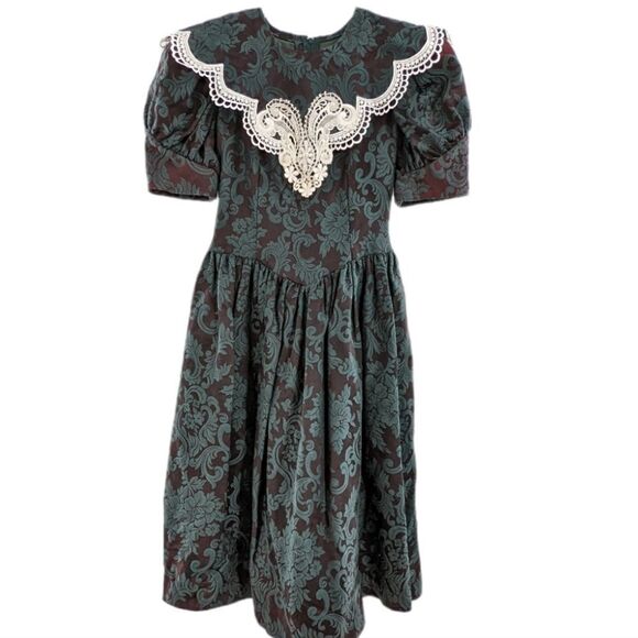 Jessica McClintock vintage dress deep green brocade and lace size 8 - Picture 2 of 11